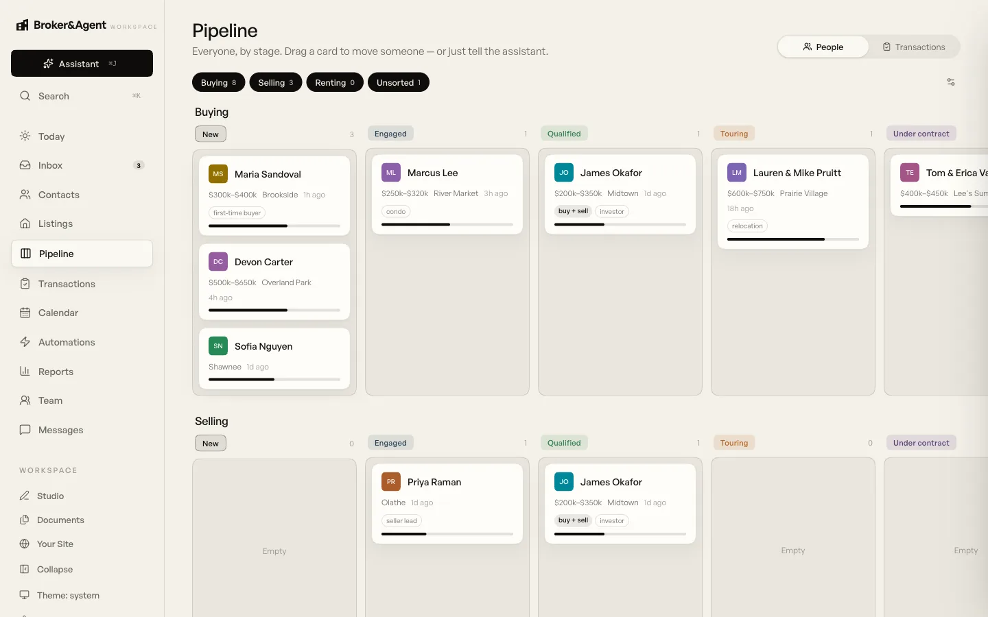 The Workspace pipeline board with buyers and sellers organized by stage